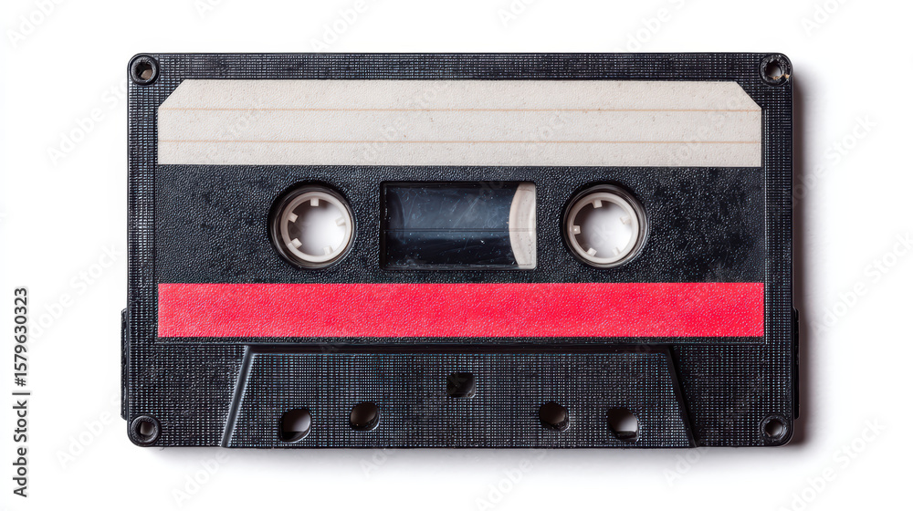 Obraz premium A vintage black audio cassette tape with a blank label and a red stripe, isolated on a white background.