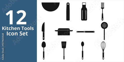 Collection of twelve black kitchen utensil icons on a white background
