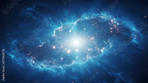 A vibrant blue nebula glows brightly in the vast expanse of the cosmos surrounded by countless twinkling stars and distant galaxies