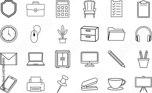 Vector illustration set of a office line icon on a transparent background