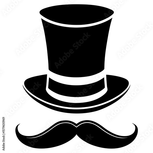 Top hat with mustache icon vector, a Top hat with mustache silhouette, Vector of Top hat art, mustache black silhouette vector isolated