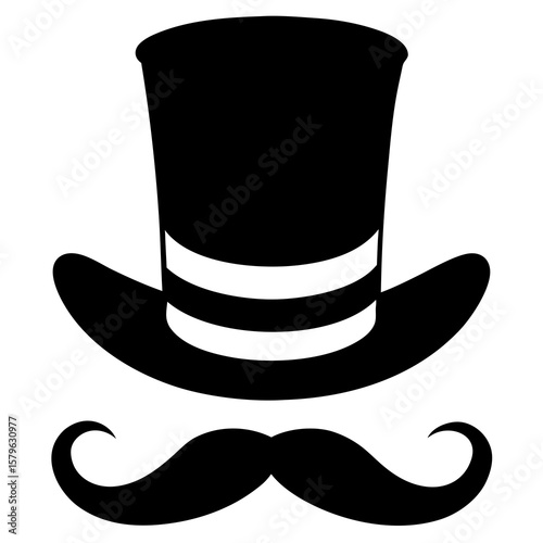 Top hat with mustache icon vector, a Top hat with mustache silhouette, Vector of Top hat art, mustache black silhouette vector isolated