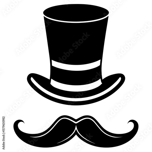 Top hat with mustache icon vector, a Top hat with mustache silhouette, Vector of Top hat art, mustache black silhouette vector isolated
