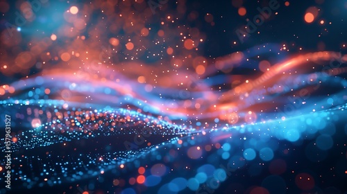 Abstract Blue and Orange Glowing Particle Waves Background