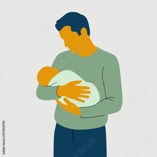 Father holding a newborn baby wrapped in a blanket, looking down with a tender and caring expression.