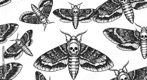 Death's-head Hawk Moth Seamless Pattern: Vector Illustration of Spooky Insects