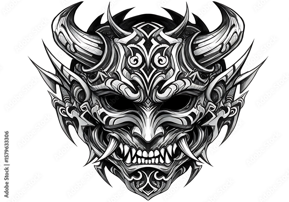 Fototapeta premium Detailed black and white demon mask sketch
