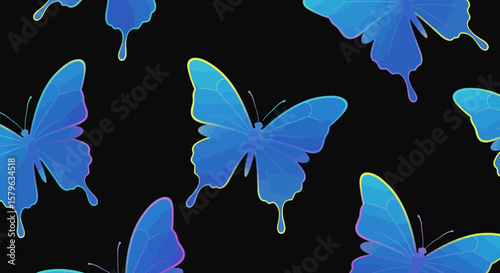 Blue butterflies seamless pattern, decorative design with glowing edges and black background