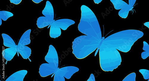 Vibrant blue butterflies creating a captivating seamless pattern design on black background