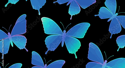Seamless pattern of bright blue butterflies on a contrasting black background