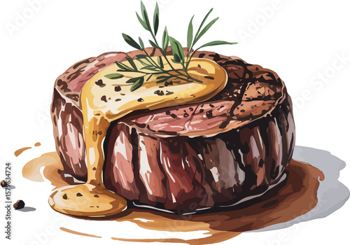 A detailed watercolor illustration of a gourmet steak on a brown plate. The steak is a thick cut with a ribbed surface and is garnished with fresh green rosemary sprigs. 