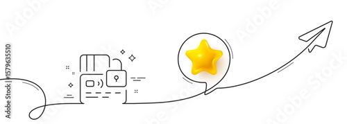 Credit card line icon. Continuous line with share plane. Blocked bank money payment sign. Non-cash pay symbol. 3d star in speech bubble. Card single line ribbon. Loop curve pattern. Vector