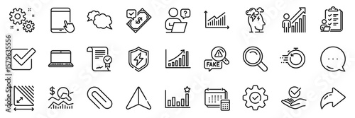 Efficacy, Account and Execute line icons pack. Share, Message, Paper plane icons. Check investment, Fake news, Approved agreement web icon. Online question, Checklist, Paper clip pictogram. Vector