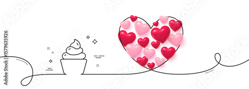 Cupcake line icon. Continuous line big heart. Dessert food sign. Cake with cream symbol. 3d hearts in heart shaped loop. Cupcake single line ribbon. Loop curve pattern. Vector