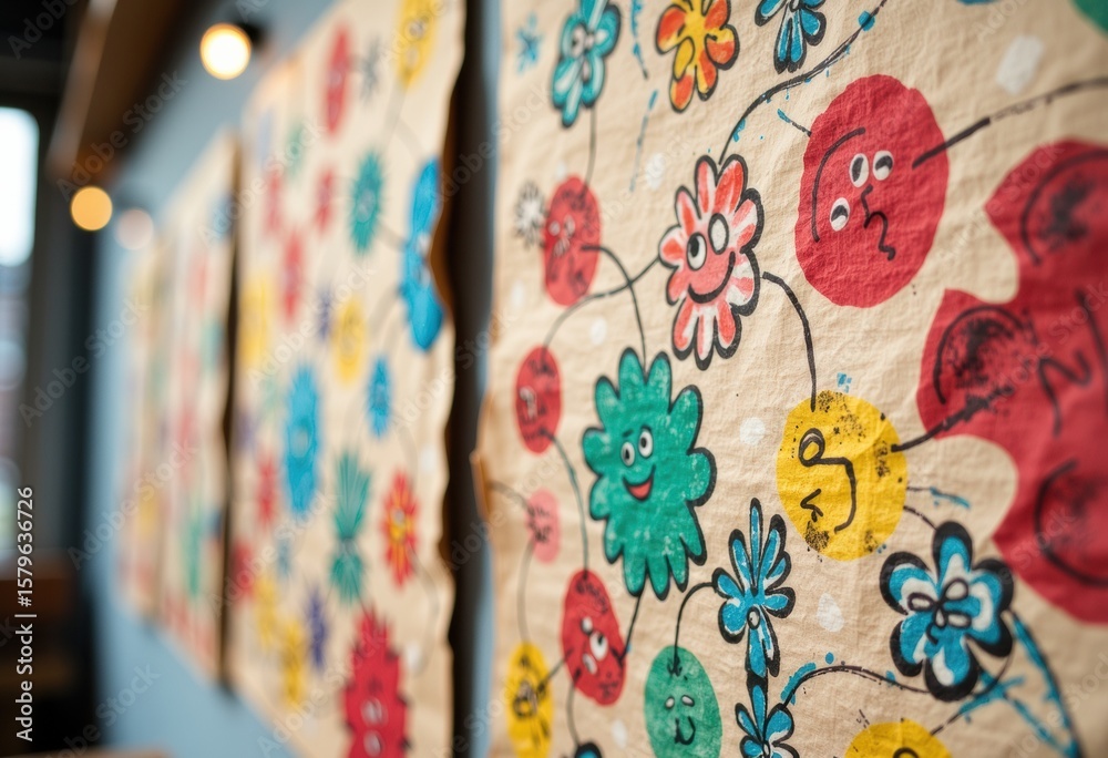 Fototapeta premium Colorful hand-painted floral artwork on fabric or paper with a blurred background