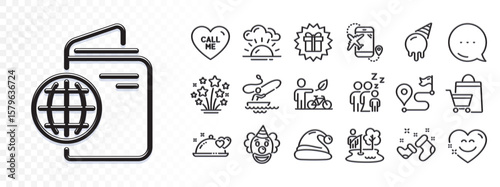 Journey, Smile chat and Travel passport line icons for web app. Glare of light effect. Message icon. Pack of Romantic dinner, Eco bike, Fireworks stars pictogram icons. Vector