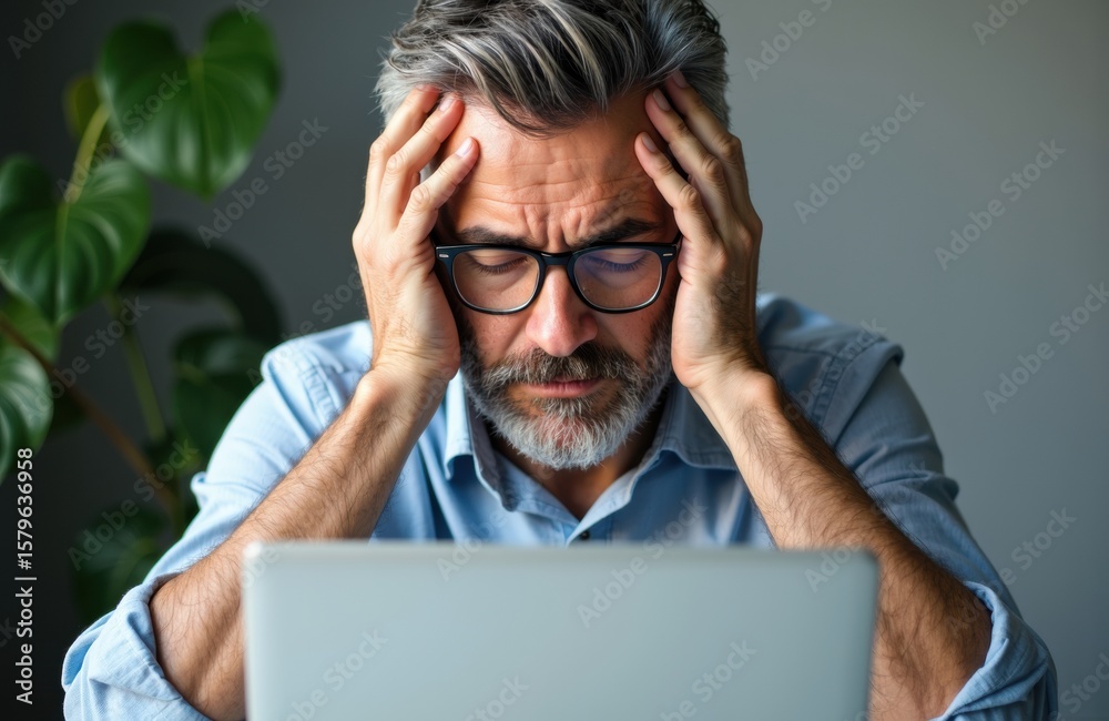 Man with gray hair and beard holding his head in frustration while working on a laptop Man with gray hair and beard holding his head in frustration while working on a laptop