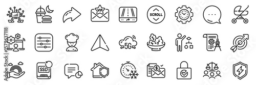 Baby carriage, Filter and Recovery ssd line icons pack. Share, Message, Paper plane icons. Password encryption, Freezing timer, Lgbt web icon. Vector