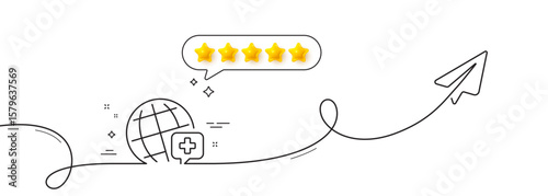 World medicine line icon. Continuous line with share plane. Medical help sign. Pharmacy medication symbol. Five star rate review in speech bubble. World medicine single line ribbon. Vector