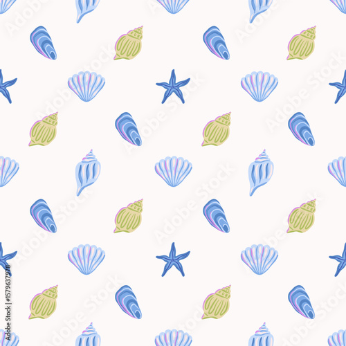 Seamless pattern of hand drawn starfish and seashells in blue and green. Decorative marine vector illustration. Summer beach and ocean nature. Design for textile, wallpaper, wrapping paper