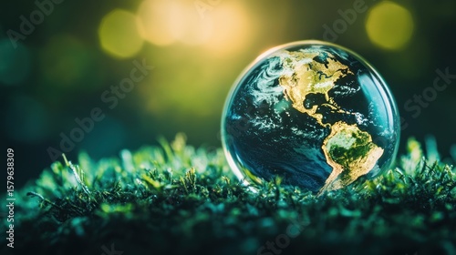 Earth in a glass sphere, resting on green grass.  Bokeh background
