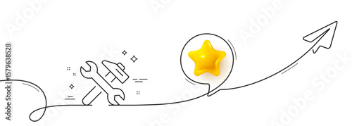 Repair line icon. Continuous line with share plane. Fix service sign. Wrench and hammer tool symbol. 3d star in speech bubble. Repair single line ribbon. Loop curve pattern. Vector
