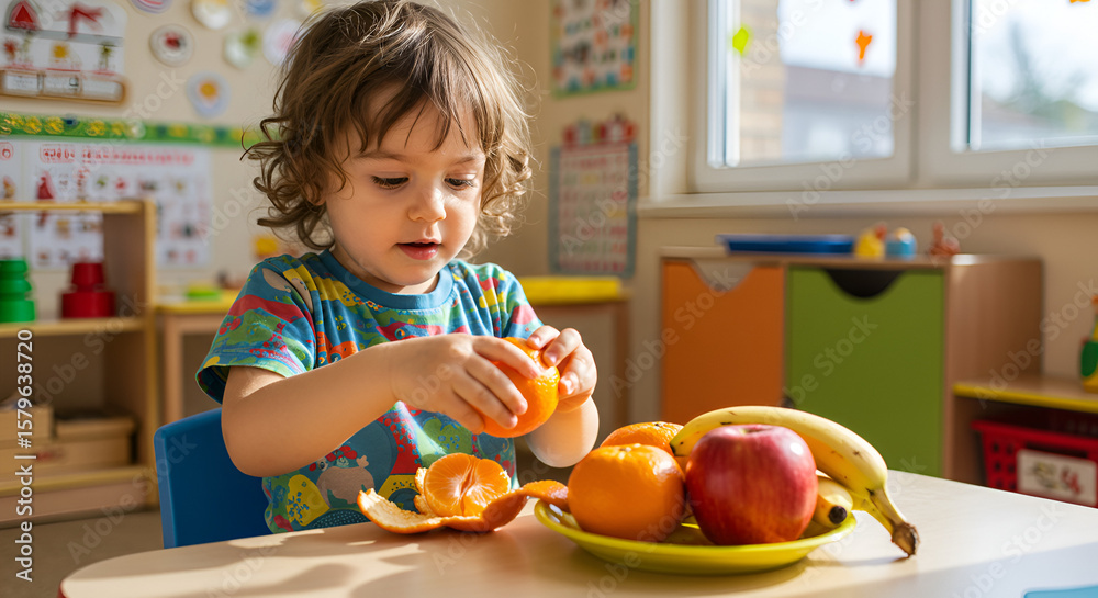 Fototapeta premium Child Peeling Orange with Fresh Fruits at Table in Bright Preschool Classroom, Emphasizing Healthy Eating and Early Learning