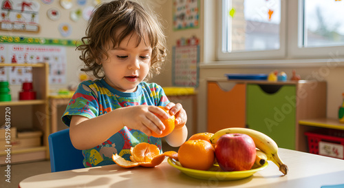 Child Peeling Orange with Fresh Fruits at Table in Bright Preschool Classroom, Emphasizing Healthy Eating and Early Learning

