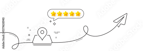Map pin line icon. Continuous line with share plane. Trip point sign. Journey location pointer symbol. Five star rate review in speech bubble. Pin single line ribbon. Loop curve pattern. Vector