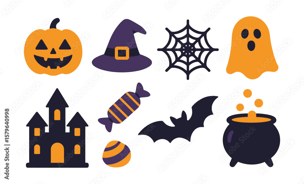 Obraz premium Halloween icons: pumpkin, witch hat, cobweb, ghost, haunted castle, candy, bat, cauldron