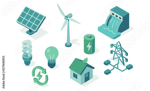 Renewable energy icons: solar wind hydroelectric battery grid