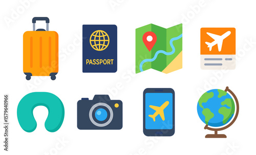 Travel essentials icons: luggage, passport, map, tickets, camera, globe, phone, neck pillow