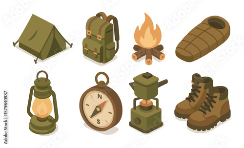 Camping gear illustration: tent, backpack, fire, sleeping bag, lantern, compass, stove, boots