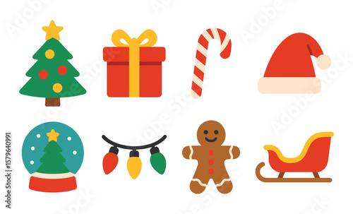 Festive christmas icons: tree, gift, candy cane, santa hat, snow globe, lights, gingerbread, sleigh