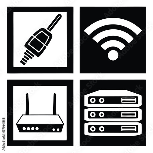 Audio jack wifi router server rack technology icons signal