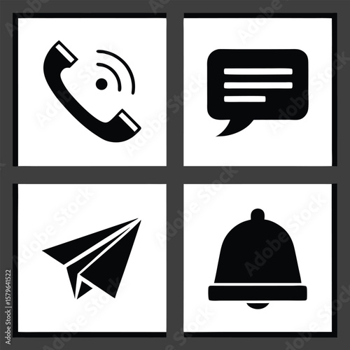 Black phone message paper airplane bell icons speech