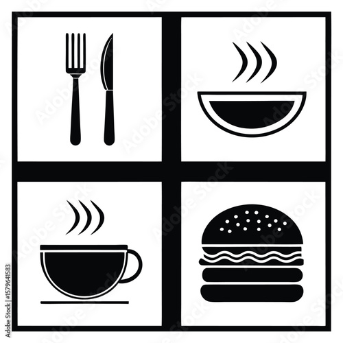 Black vector icons fork knife bowl cup hamburger