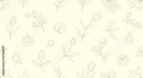 Elegant Floral Line Art Seamless Pattern Pastel Green Botanical Background for Design Projects