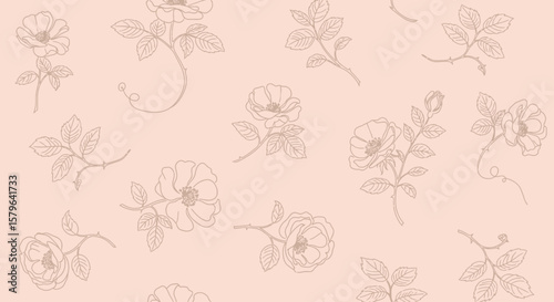 Elegant Blush Pink Floral Line Art Seamless Pattern Background