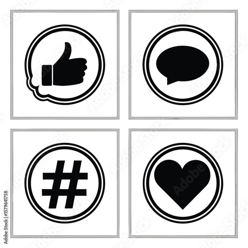 Black vector icons thumbs up speech bubble hashtag heart white silhouette
