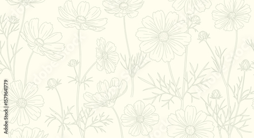 Elegant Pastel Green Cosmos Flower Line Art Seamless Pattern Background