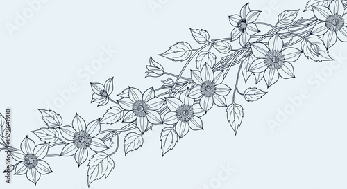 Elegant Floral Line Art Delicate Flower Branch Design, Botanical Illustration, Blue Background