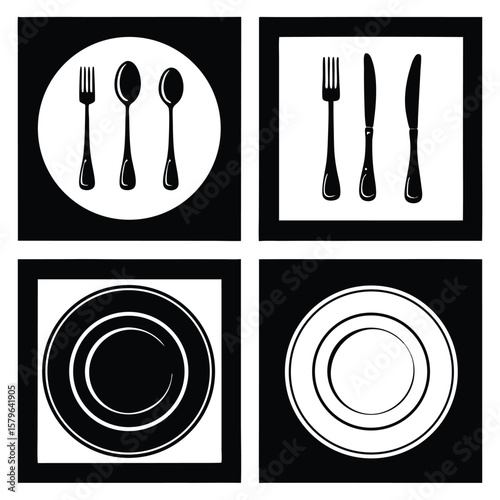 Black white cutlery and plates icons fork spoon