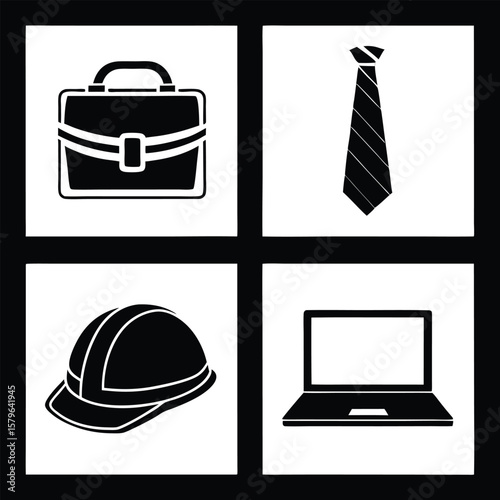 Briefcase tie hardhat laptop icons business