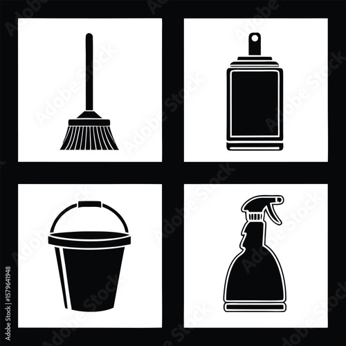 Broom bucket spray bottle aerosol can cleaning tools black white