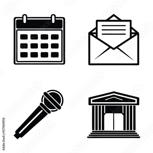 Calendar envelope microphone classical building icons vector