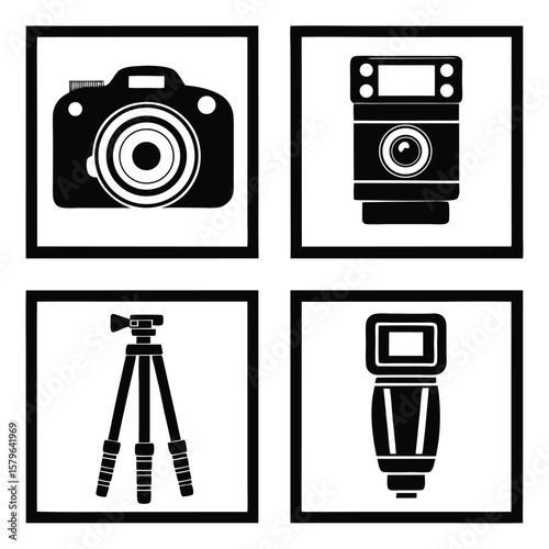 Camera equipment icons including camera flash and tripod photography