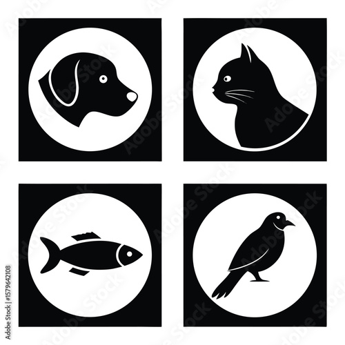 Dog Cat Fish Bird Animal Silhouettes Icons vector