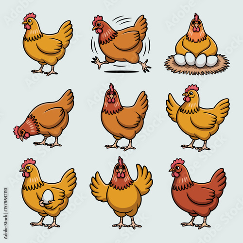 Nine cartoon chickens in various poses: standing, running, nesting with eggs, pecking, and flapping wings, against a light blue background.