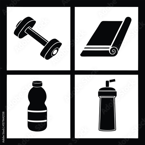 Dumbbell yoga mat water bottle and shaker icons weight lifting
